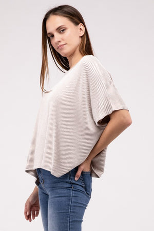 Ribbed Striped Oversized Short Sleeve Top - online exclusive