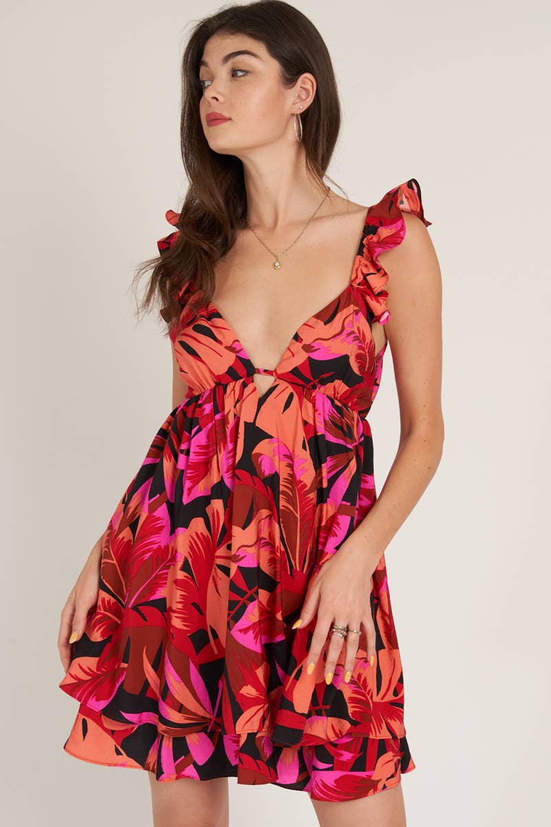 Flutter Sleeve Open Back Tiered Printed Mini Dress: Black Coral