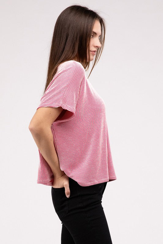 Ribbed Striped Oversized Short Sleeve Top - online exclusive