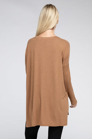 Dolman Long Sleeve V-Neck Side Slit Hi-Low Hem Top - Online Exclusive