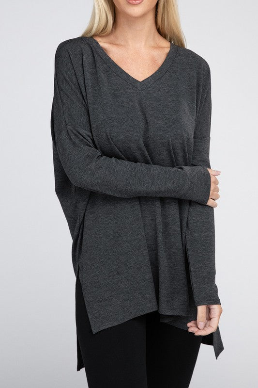 Dolman Long Sleeve V-Neck Side Slit Hi-Low Hem Top - Online Exclusive