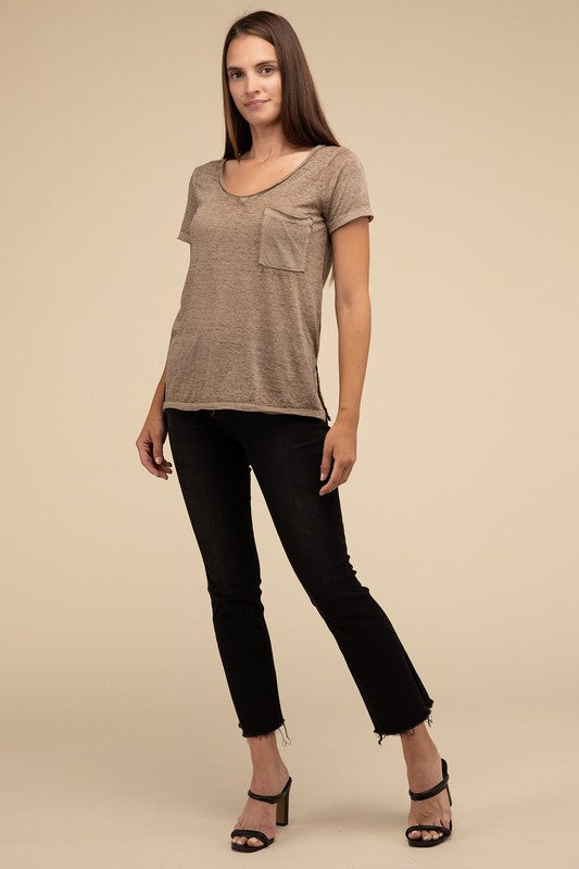 Washed Melange Burnout Scoop V-Neck Top - Online Exclusive