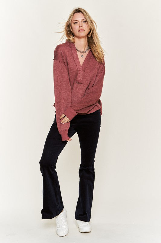 Deep V-neck Collared Long sleeve Knit Top