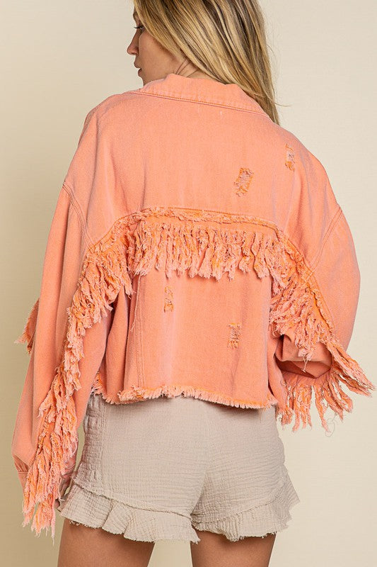 Fringe Distressed Crop Denim Jacket - online exclusive