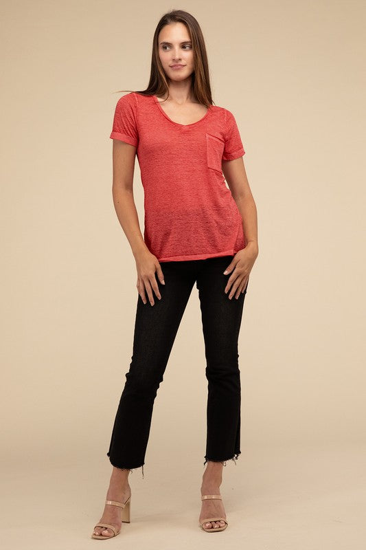 Washed Melange Burnout Scoop V-Neck Top - Online Exclusive