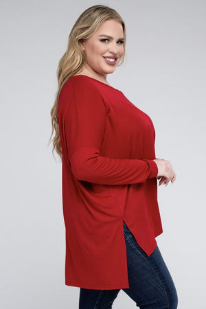 Plus Size Dolman Sleeve V-Neck Side Slit Hi-Low Hem Top - Online Exclusive