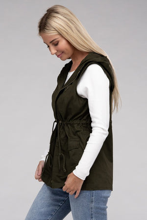 Drawstring Waist Military Hoodie Vest - online exclusive