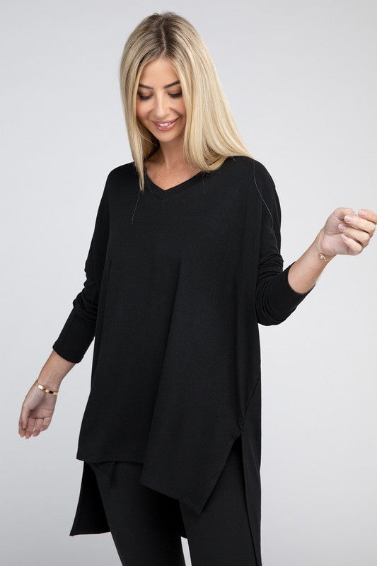 Dolman Long Sleeve V-Neck Side Slit Hi-Low Hem Top - Online Exclusive