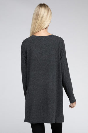 Dolman Long Sleeve V-Neck Side Slit Hi-Low Hem Top - Online Exclusive