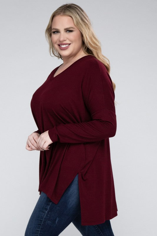 Plus Size Dolman Sleeve V-Neck Side Slit Hi-Low Hem Top - Online Exclusive