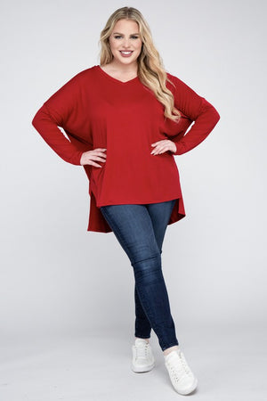 Plus Size Dolman Sleeve V-Neck Side Slit Hi-Low Hem Top - Online Exclusive