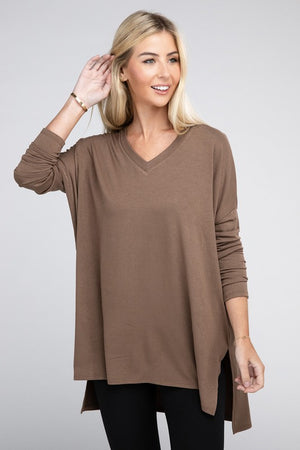 Dolman Long Sleeve V-Neck Side Slit Hi-Low Hem Top - Online Exclusive