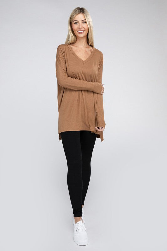 Dolman Long Sleeve V-Neck Side Slit Hi-Low Hem Top - Online Exclusive