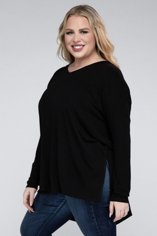 Plus Size Dolman Sleeve V-Neck Side Slit Hi-Low Hem Top - Online Exclusive