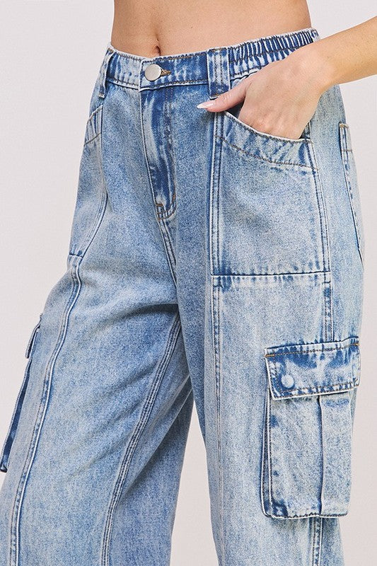 HIGH WAIST BAGGY DENIM CARGO ANKLE LENGTH TROUSERS - Plus Size - Online Exclusive