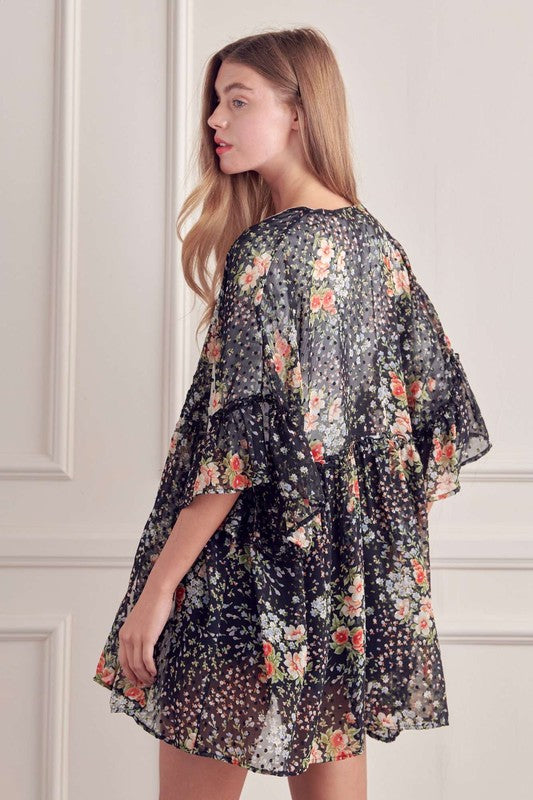 FLORAL PRINT RUFFLE SLEEVE KIMONO  - Online Exclusive