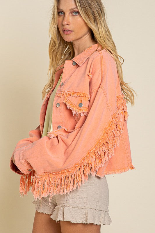 Fringe Distressed Crop Denim Jacket - online exclusive