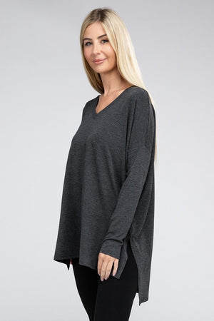 Dolman Long Sleeve V-Neck Side Slit Hi-Low Hem Top - Online Exclusive