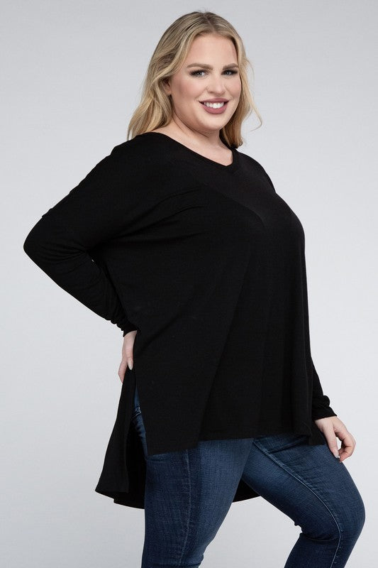 Plus Size Dolman Sleeve V-Neck Side Slit Hi-Low Hem Top - Online Exclusive