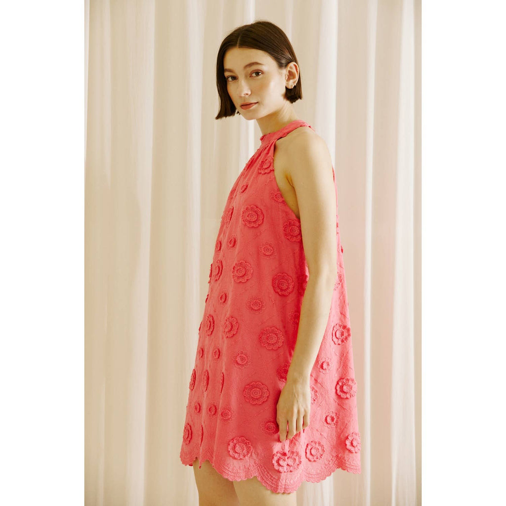 MONOCHROMATIC FLORAL EMBROIDERED MINI DRESS: HOT PINK Dress