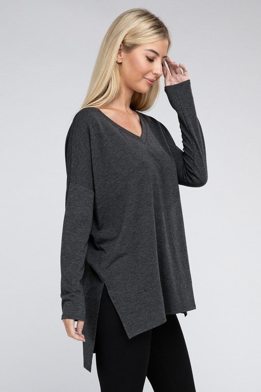 Dolman Long Sleeve V-Neck Side Slit Hi-Low Hem Top - Online Exclusive