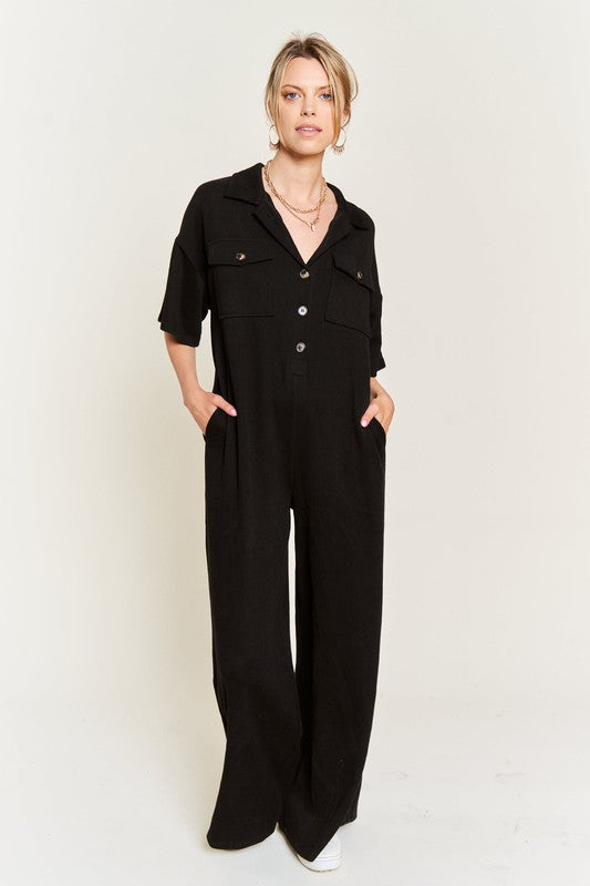 Basic Collar Shirt Wide leg Jumpsuit - Online Exclusive