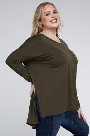 Plus Size Dolman Sleeve V-Neck Side Slit Hi-Low Hem Top - Online Exclusive