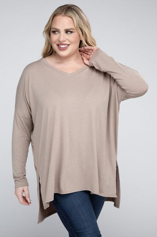 Plus Size Dolman Sleeve V-Neck Side Slit Hi-Low Hem Top - Online Exclusive