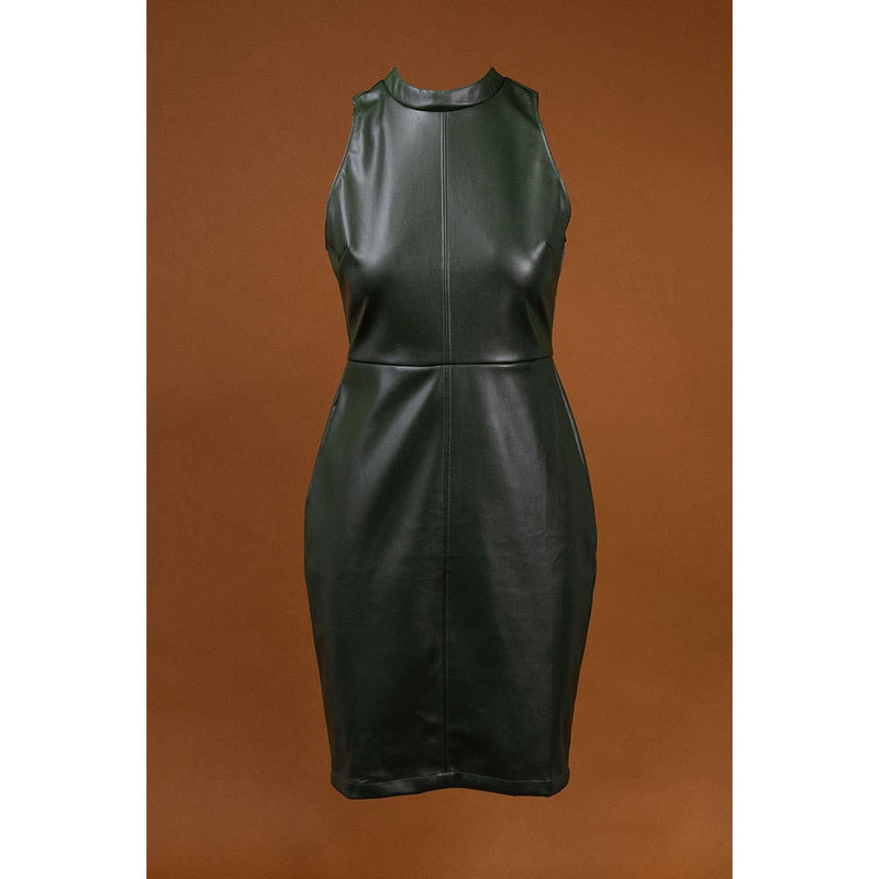 Vegan Leather High Neck Midi Dress: Forest Green