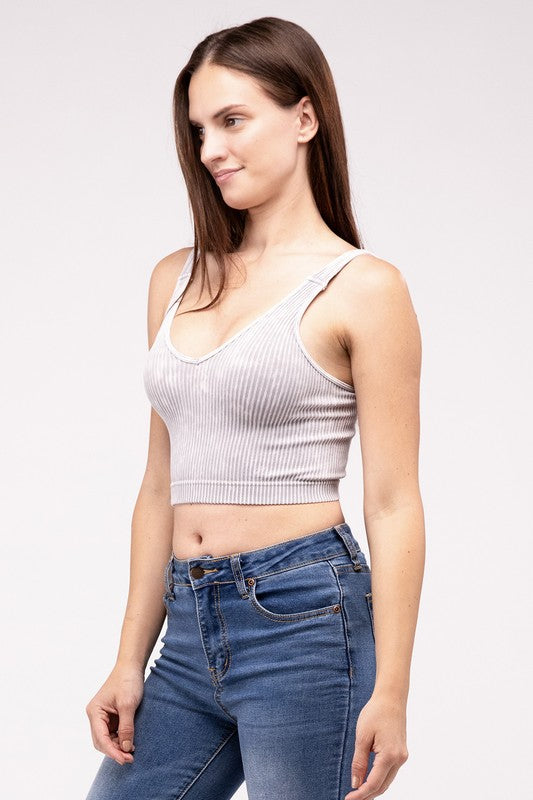 Washed Ribbed Cropped V-Neck Tank Top