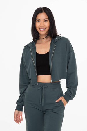 Crop Hoodie Zip-Up French Terry Jacket: JUNGLE GREEN