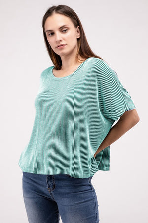Ribbed Striped Oversized Short Sleeve Top - online exclusive