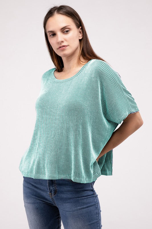 Ribbed Striped Oversized Short Sleeve Top - online exclusive