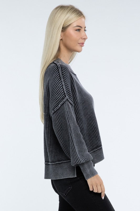 Washed Side Slit Oversized Cropped Sweater - online exclusive