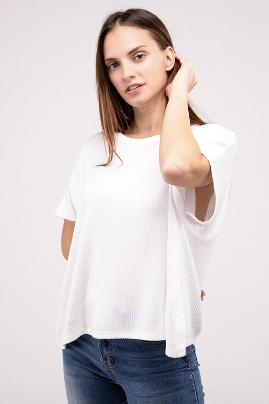 Ribbed Striped Oversized Short Sleeve Top - online exclusive