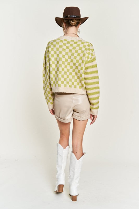 Contrast pattern sweater cardigan