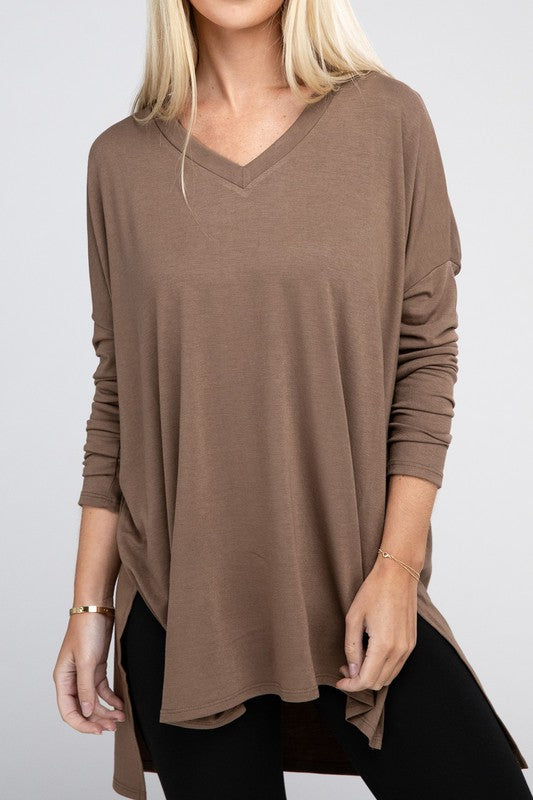 Dolman Long Sleeve V-Neck Side Slit Hi-Low Hem Top - Online Exclusive