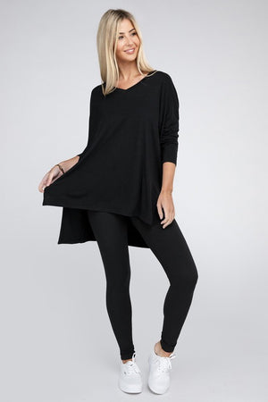 Dolman Long Sleeve V-Neck Side Slit Hi-Low Hem Top - Online Exclusive