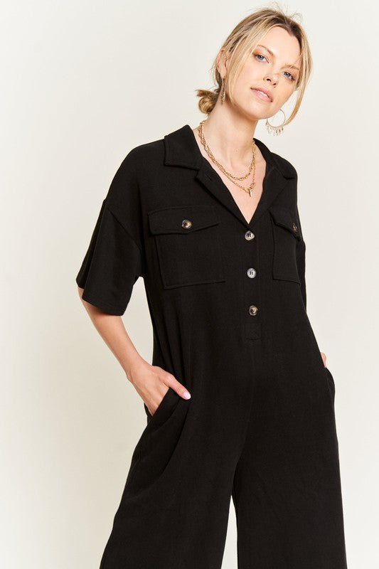 Basic Collar Shirt Wide leg Jumpsuit - Online Exclusive