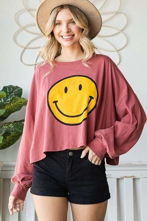 SMILEY FACE LONG SLEEVE CROP TOP - Online exclusive