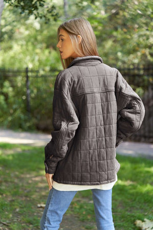 Solid Mineral Wash Quilted Pockets Shacket