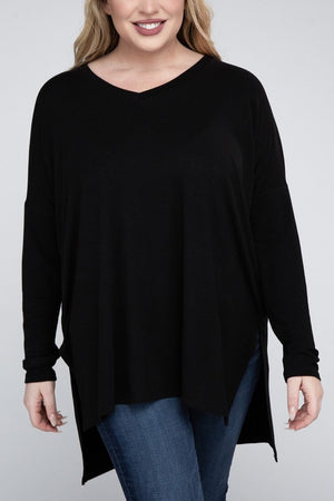 Plus Size Dolman Sleeve V-Neck Side Slit Hi-Low Hem Top - Online Exclusive