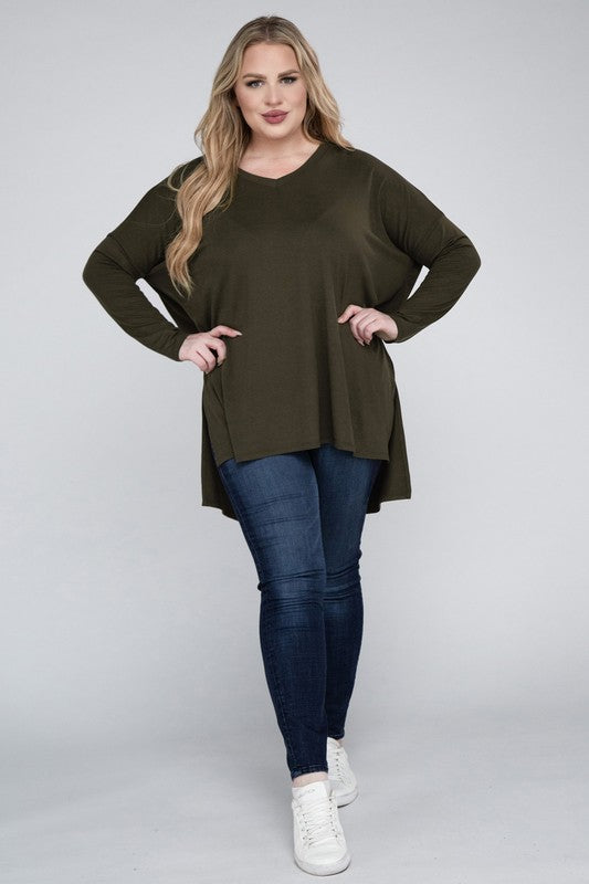 Plus Size Dolman Sleeve V-Neck Side Slit Hi-Low Hem Top - Online Exclusive