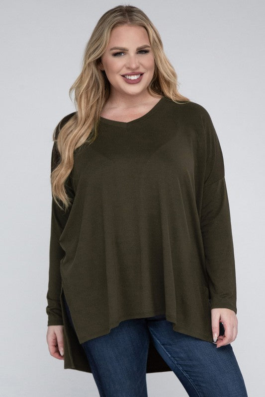 Plus Size Dolman Sleeve V-Neck Side Slit Hi-Low Hem Top - Online Exclusive