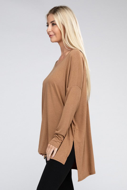 Dolman Long Sleeve V-Neck Side Slit Hi-Low Hem Top - Online Exclusive