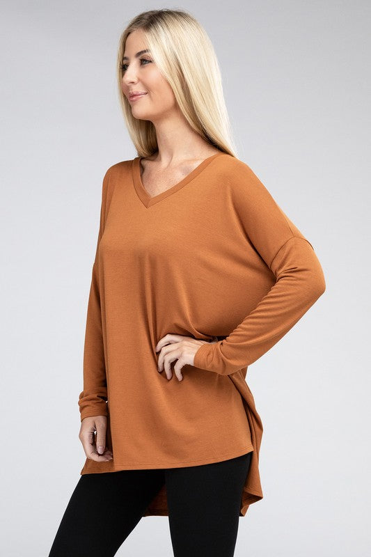 Dolman Long Sleeve V-Neck Side Slit Hi-Low Hem Top - Online Exclusive