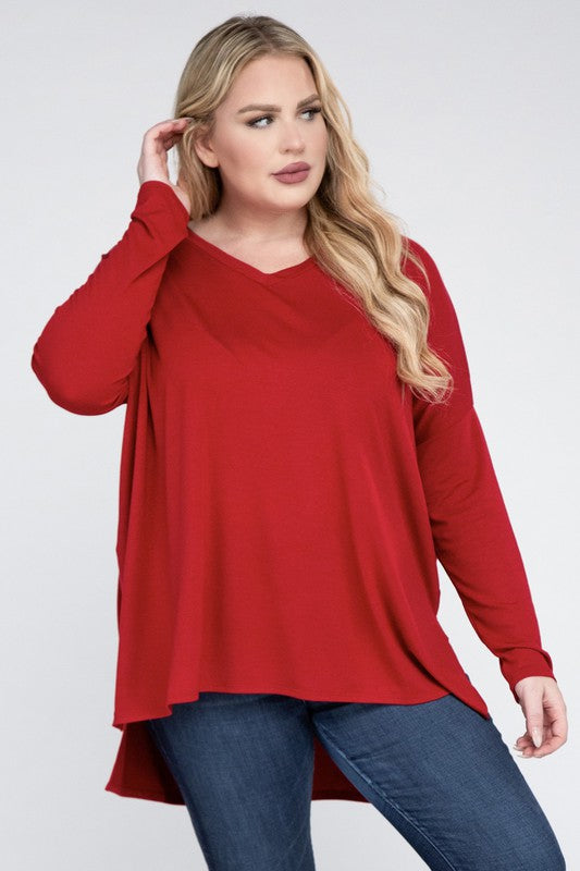 Plus Size Dolman Sleeve V-Neck Side Slit Hi-Low Hem Top - Online Exclusive