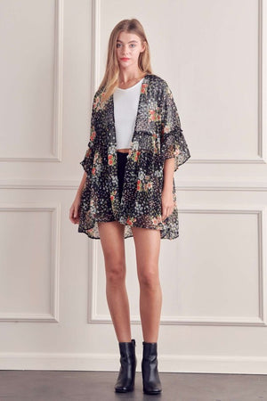 FLORAL PRINT RUFFLE SLEEVE KIMONO  - Online Exclusive