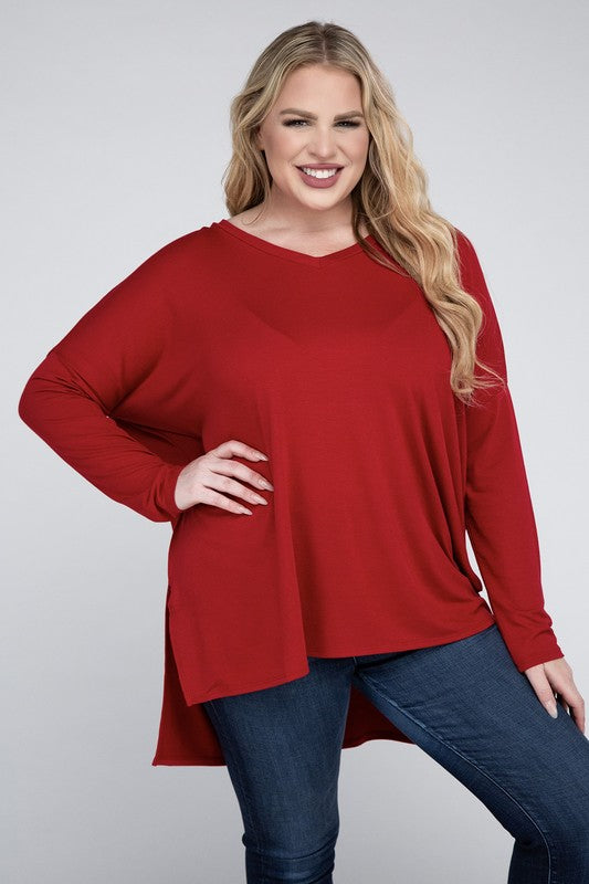 Plus Size Dolman Sleeve V-Neck Side Slit Hi-Low Hem Top - Online Exclusive