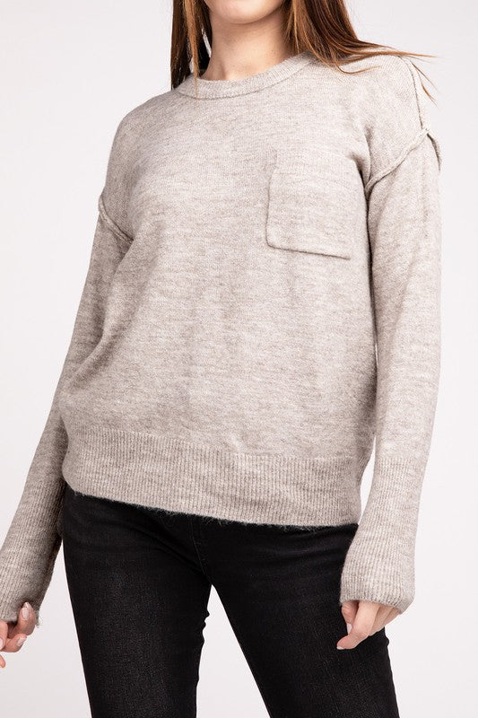 Melange Hi-Low Hem Round Neck Sweater - online exclusive